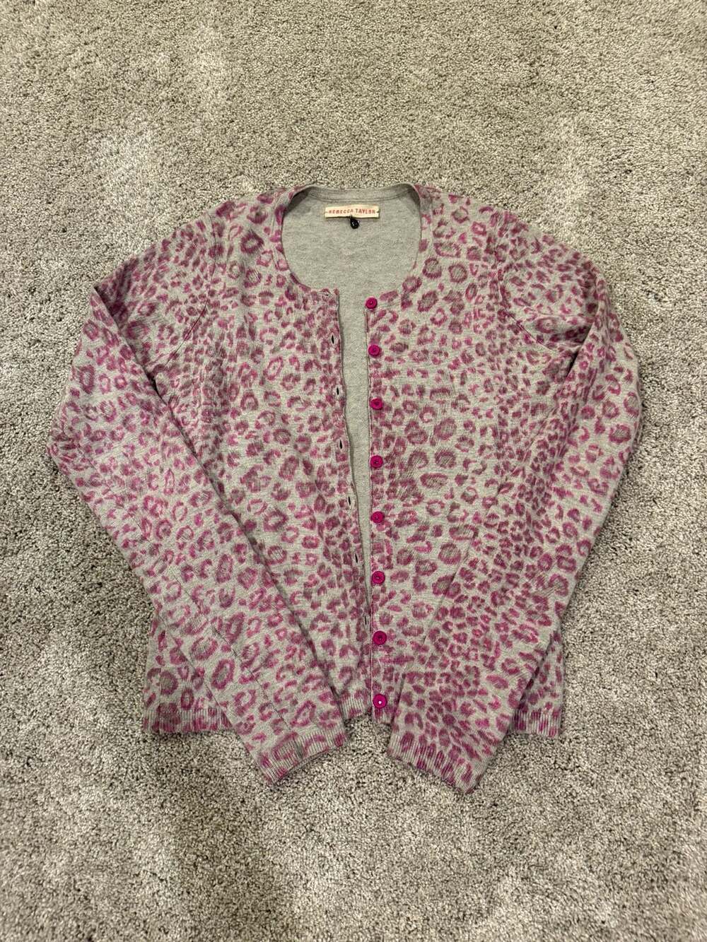 Rebecca Taylor Cardigan Size S Pink Gray Leopard Print Silk Cashmere